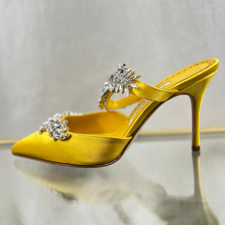 MANOLO BLAHNIK Crystal Lurum Yellow Satin Heels 37