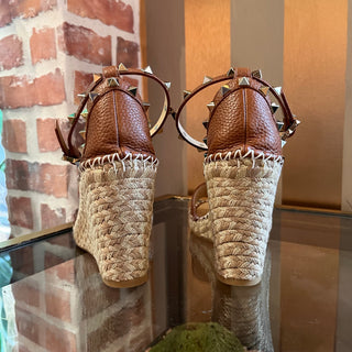 VALENTINO Rockstud Brown Leather Glitter Espadrille Wedges SZ 39 (US 9)