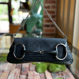 GUCCI Horsebit East-West Pochette Black GG Monogram Canvas Shoulder Bag