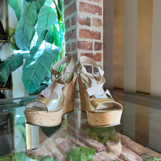 Fendi Patent Leather Elastic Accent Cork Sandals 37.5(7.5US)