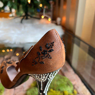 PRADA Brown Floral Beaded T Strap  Crystal Embellished Heels SZ39(9US)