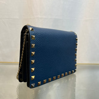 VALENTINO GARAVANI Vitello Rockstud Blue Wallet on Chain