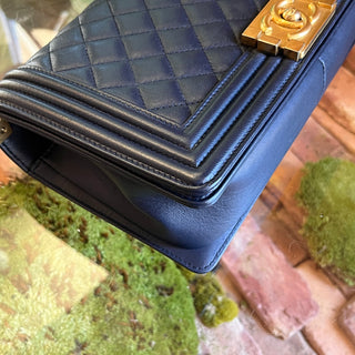 CHANEL Dark Navy Boy Bag Medium Calfskin Shoulder Bag