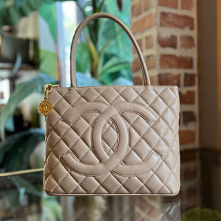 CHANEL Medallion Beige Quilted Caviar Leather Tote Bag