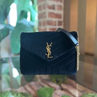 SAINT LAURENT Loulou Small Black Velvet Y Quilted Matelassé Crossbody Bag