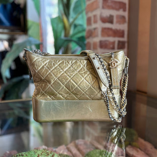 CHANEL Small Gabrielle Hobo Metallic Gold Quilted Aged Calfskin Tote Bag DIA310