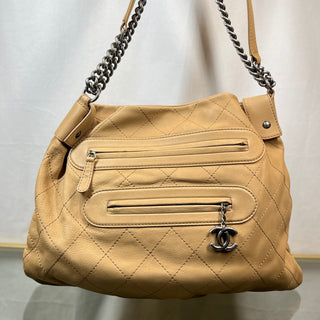 CHANEL Beige Calfskin Stitched Double Zip Hobo ADI1101