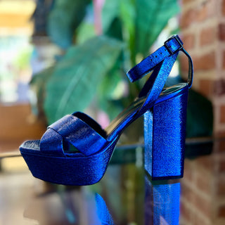 SAINT LAURENT Farrah 80MM Metallic Blue Calfskin Platform Heels Size 40