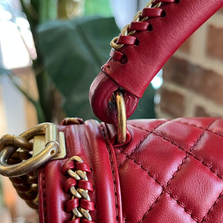 CHANEL Boy Red Quilted Calfskin Leather Top Handle Bag