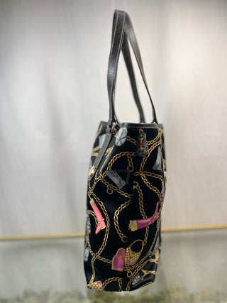 GUCCI Charm Print Black Satin Tote Bag