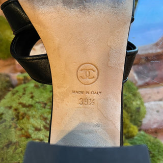 CHANEL Black Leather CC Turn Lock Block Heel Sandals SZ 39.5 (US 9.5)