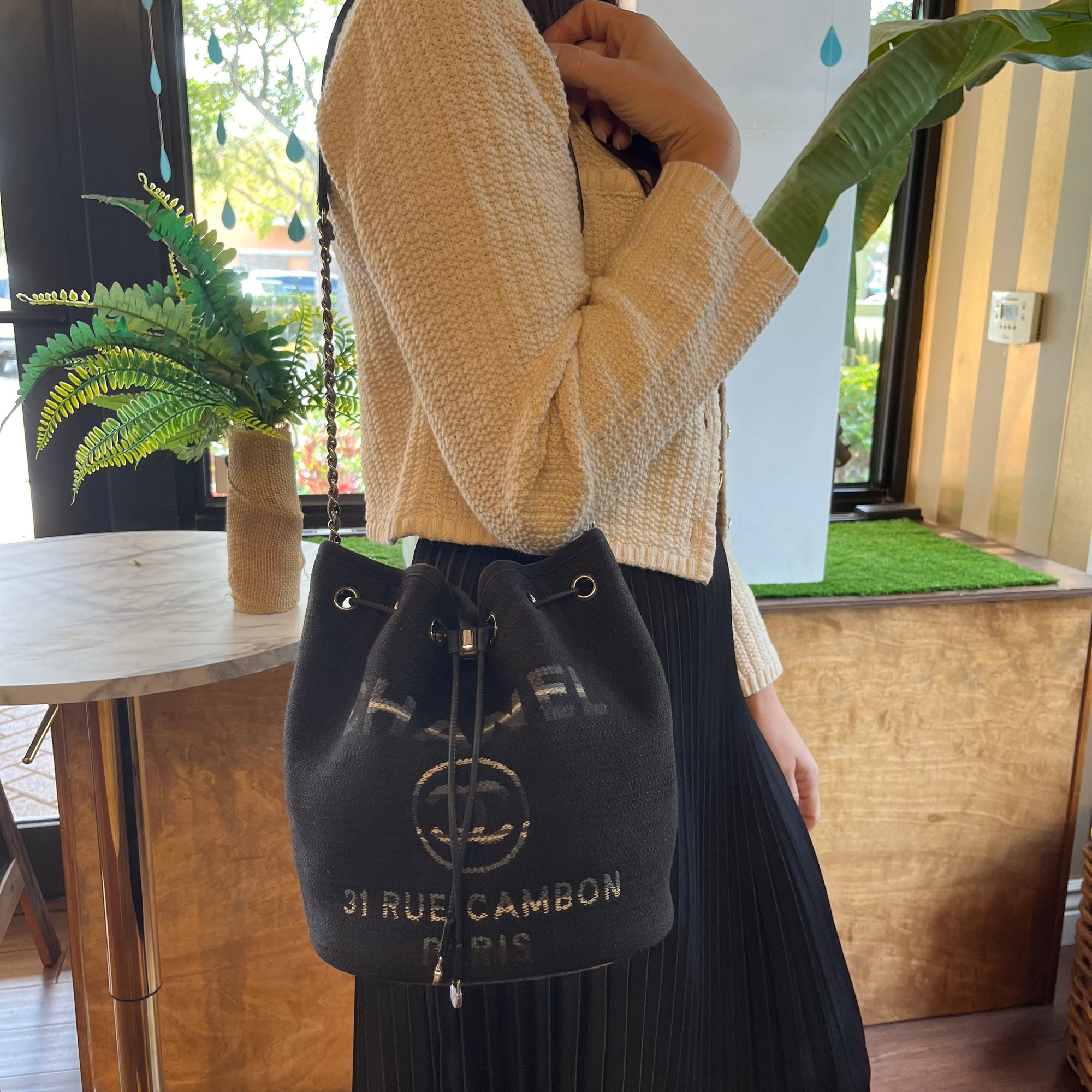CHANEL Black Stripe Deauville Drawstring Bucket Bag