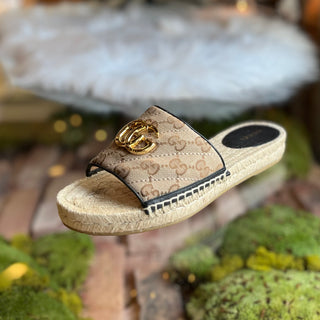 GUCCI Beige Espadrilles GG Canvas Mules SZ36.5(6.5US)