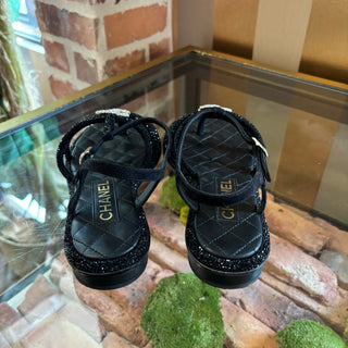 CHANEL Black Leather Strappy Flat Sandals Quilted Crystal CC Logo Ankle Strap SZ 36