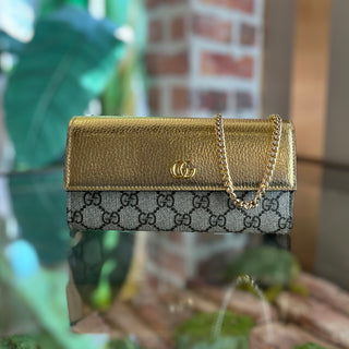 GUCCI GG Marmont Bicolor Gold Canvas Wallet on Chain