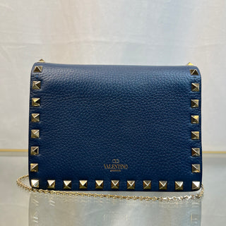 VALENTINO GARAVANI Vitello Rockstud Blue Wallet on Chain