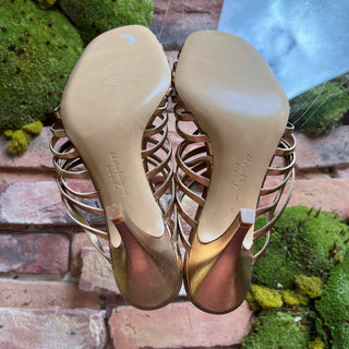 FERRAGAMO Jessa Metallic Gold Leather Caged Heels SZ 6