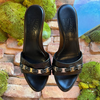 FERRAGAMO Black Leather Wooden Heels SZ 6.5