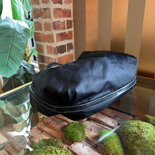 PRADA Navy Blue Nylon Embossed Leather Logo Hobo Bag