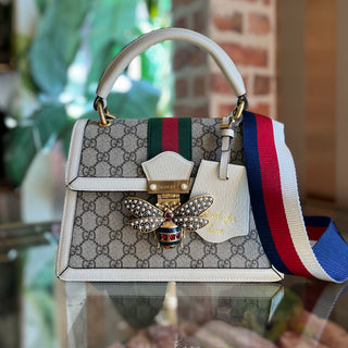 GUCCI Ophidia Bee White Leather Top Handle Bag