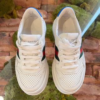 GUCCI GG White Web Perforated Leather Sneakers W/Blue SZ 35.5 (US 5.5)