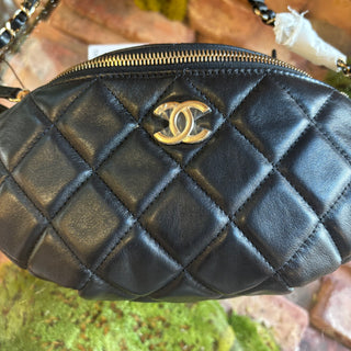 CHANEL Black Shiny Lambskin Quilted Belt Bag