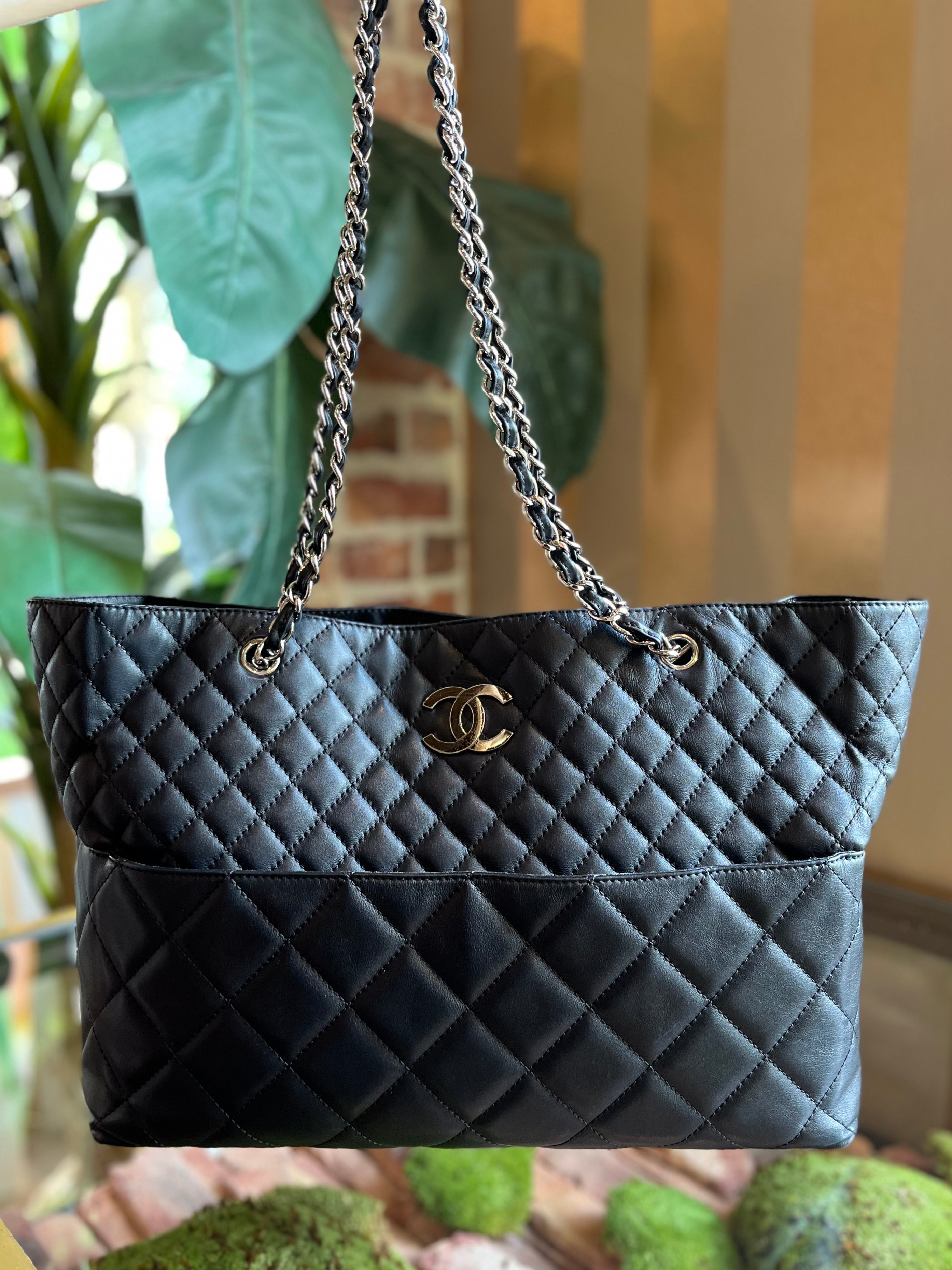 CHANEL Shopping In Chains Calfskin Quilted Large Tote Bag Black