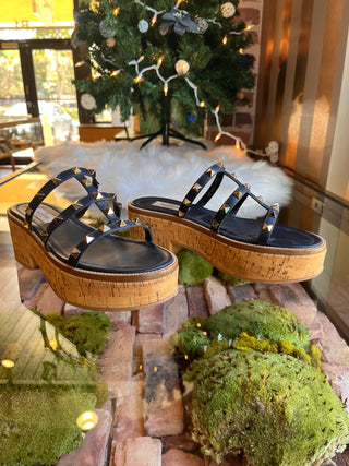 VALENTINO  Navy Blue Rockstud Cork Sandals SZ 37.5