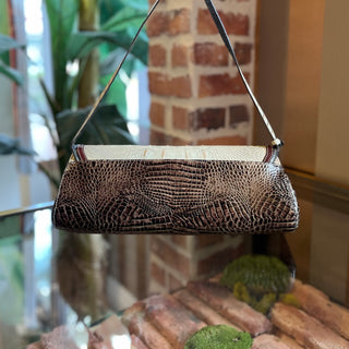 BRAHMIN Brown Vintage Croc Embossed Leather East West Shoulder Bag
