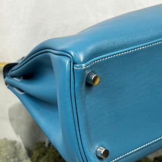 HERMES Kelly 32 Blue Jean Swift Satchel Bag