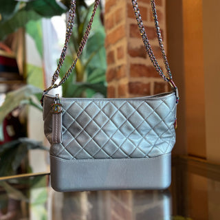 CHANEL Small Gabrielle Blue Iridescent Quilted Calfskin Leather Hobo Bag