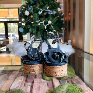 CHANEL Denim Camellia Cork Wedges SZ38.5(8.5US)