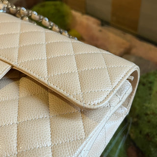 CHANEL Double Flap Small Beige Caviar Quilted Leather Shoulder Bag