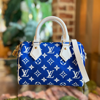 LOUIS VUITTON Speedy Bandouliere 20 Blue White Monogram Jacquard Velvet Match Satchel Bag