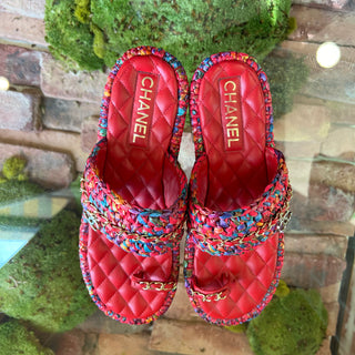 CHANEL Multicolor Raffia Red Leather Chain CC Thong Sandals SZ39.5(9.5US)