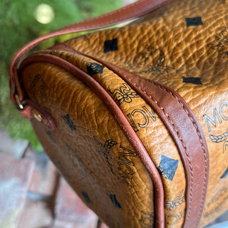 MCM Cognac Visetos Tan Canvas Barrel Crossbody Bag