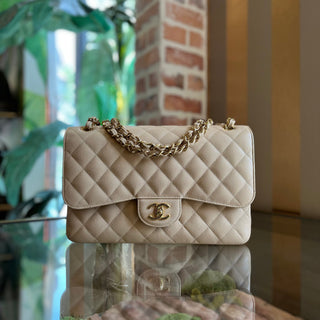 CHANEL Jumbo Double Flap Beige Caviar Quilted Leather Shoulder Bag