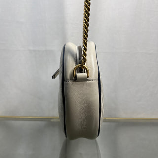 GUCCI Torchon Mini White Blue Azalea Calfskin Matelasse Diagonal GG Marmont Round Shoulder Bag