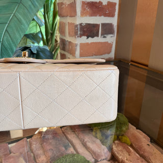 CHANEL Classic Jumbo Double Flap Beige Quilted Caviar Shoulder Bag