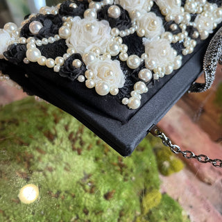 VALENTINO Black & White Beaded Pearl Crystal Flower Appliqué Clutch Bag