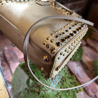 PRADA Pyramid Studded Gold Saffiano Lux Leather Satchel