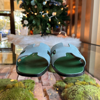 HERMES Oran Blue Suede Bicolor Bleu Minéral Sandals SZ39.5(9.5US)