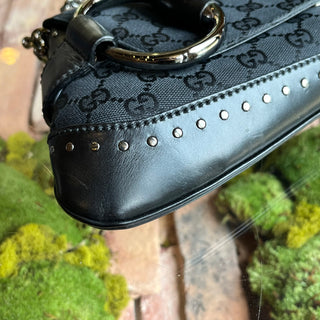 GUCCI Horsebit East-West Pochette Black GG Monogram Canvas Shoulder Bag