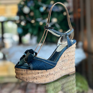 CHANEL Denim Camellia Cork Wedges SZ38.5(8.5US)