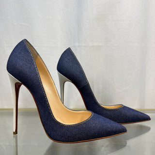 CHRISTIAN LOUBOUTIN So Kate 120 Denim/ Jazz Calf Heels SZ 37.5