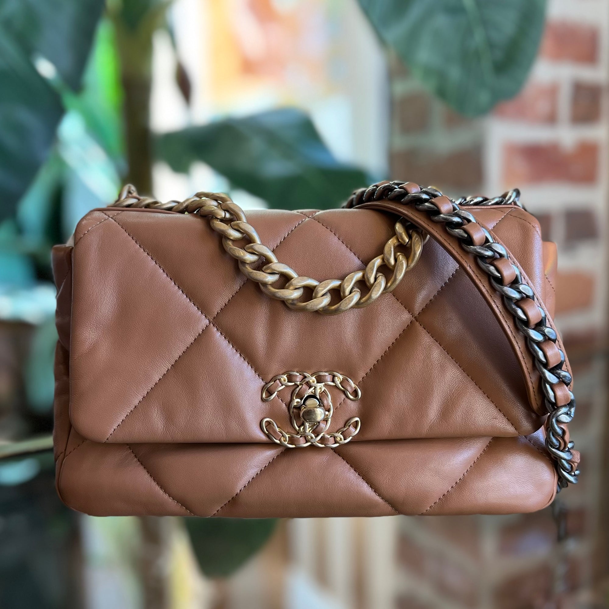 CHANEL Brown Lambskin Quilted Medium 19 Flap