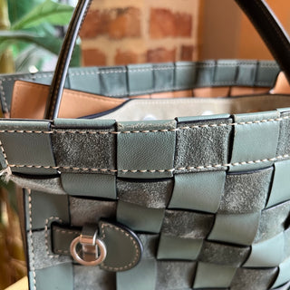 TORY BURCH Lee Radziwill Blue Double Woven Leather Tote