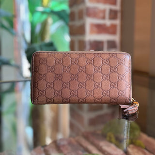 GUCCI Guccissima Bamboo Tassel Brown Aged Leather Zip Around Wallet