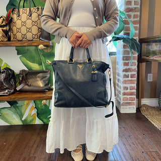 PRADA Blue Vitello Shine Open Convertible Tote