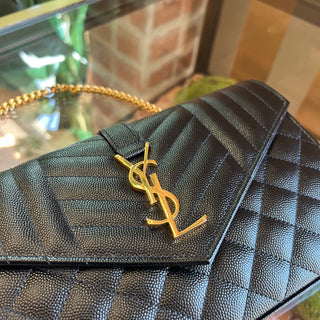 SAINT LAURENT Envelope Wallet On Chain Black Triquilt Grain De Poudre Leather Crossbody